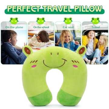 H HOMEWINS Travel Pillow for Kids Toddlers - Soft Neck Head Chin Support Pillow,Cute Animal,Comfortable in Any Sitting Position for Airplane,Car,Train,Machine Washable,Children Gift(Frog)