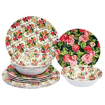 Amazon Basics 12-Piece Melamine Dinnerware Set - Service for 4, Red Rose Garden