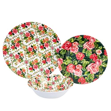 Amazon Basics 12-Piece Melamine Dinnerware Set - Service for 4, Red Rose Garden