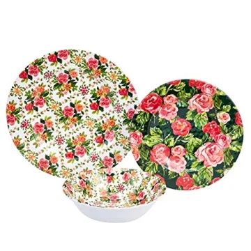 Amazon Basics 12-Piece Melamine Dinnerware Set - Service for 4, Red Rose Garden