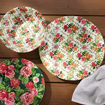 Amazon Basics 12-Piece Melamine Dinnerware Set - Service for 4, Red Rose Garden