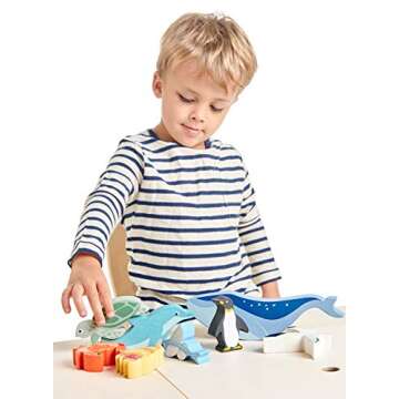 Tender Leaf Toys Coastal Creatures – 8 Wooden Ocean Animal Figurines with a Display Shelf - Classi...