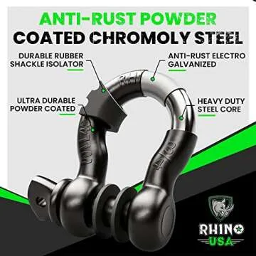 Rhino USA D Ring Shackles (2-Pack) - 41,850lb Break Strength – Heavy Duty 3/4" Clevis Shackle with...