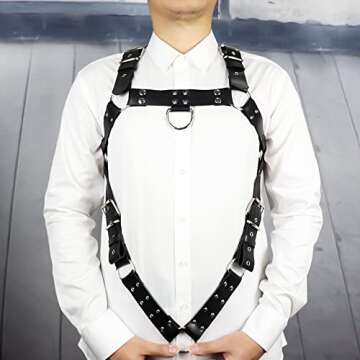 MEACOBRY Mens Body Harness Adjustable Buckle Body Chest Harness Gay, Black PU Leather Sexy Punk Ches...