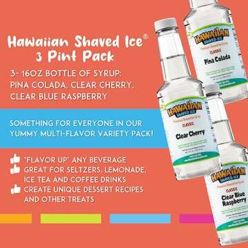 Hawaiian Shaved Ice Syrup Assortment, 3 - 16oz Bottles of The Most Popular Flavors: Clear Cherry, Pi...