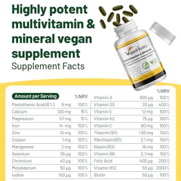 Vegan Vitality Multivitamins & Minerals for Women and Men with High Strength Vitamin B12, D3 & K2. 1...