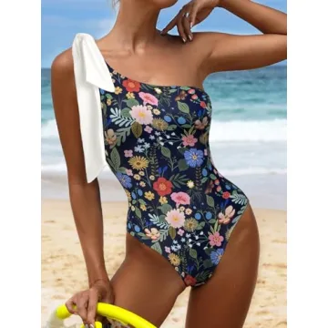 BIKINX Sexy One Piece Swimsuit for Women One Shoulder Bathing Suit Tummy Control Cutout Bow Tie Monokini Navy