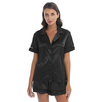 YiZYiF Women's Sleepwear Button Down Satin Short Sleeve Shirt and Shorts 2 Piece Pajama Set Black S