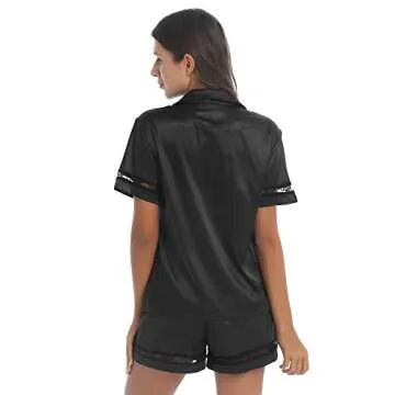 YiZYiF Women's Sleepwear Button Down Satin Short Sleeve Shirt and Shorts 2 Piece Pajama Set Black S
