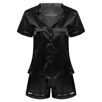 YiZYiF Women's Sleepwear Button Down Satin Short Sleeve Shirt and Shorts 2 Piece Pajama Set Black S