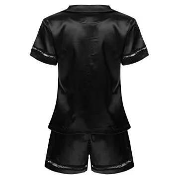 YiZYiF Women's Sleepwear Button Down Satin Short Sleeve Shirt and Shorts 2 Piece Pajama Set Black S