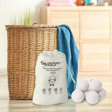 LAUNDRY NINJA Premium Wool Dryer Balls – Pack of 6 Wool Laundry Balls – Wool Dryer Balls Organic" are an eco-Friendly Laundry Accessory Designed to Enhance Your Laundry Experience.