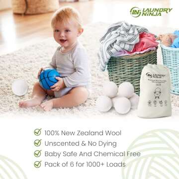 LAUNDRY NINJA Premium Wool Dryer Balls – Pack of 6 Wool Laundry Balls – Wool Dryer Balls Organic" are an eco-Friendly Laundry Accessory Designed to Enhance Your Laundry Experience.