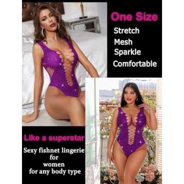 Avidlove Women Sexy Mesh Bodysuit Fishnet Sparkle Rhinestone Teddy Lingerie Rave Sheer Outfit Purple