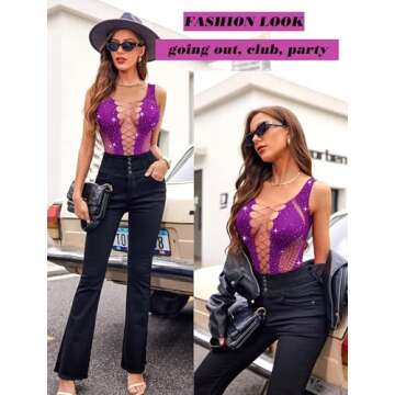 Avidlove Women Sexy Mesh Bodysuit Fishnet Sparkle Rhinestone Teddy Lingerie Rave Sheer Outfit Purple