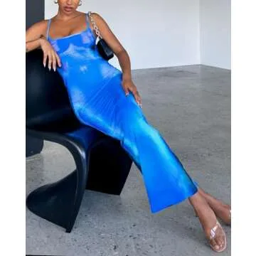 VECVOC Womens Summer Casual Floral Dresses Spaghetti Strap Bodycon Maxi Beach Dress,Blue,Medium