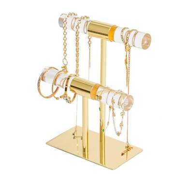 Necklace Holder Bracelet Holder Jewelry Organizer,Shiny Gold & Acrylic Jewelry Display for Vendors, 2-Tier Crystal T Bar Jewelry Stand, Cute Jewelry Holder Organizer, Home Decor (assembly free)