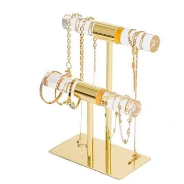 Necklace Holder Bracelet Holder Jewelry Organizer,Shiny Gold & Acrylic Jewelry Display for Vendors, 2-Tier Crystal T Bar Jewelry Stand, Cute Jewelry Holder Organizer, Home Decor (assembly free)
