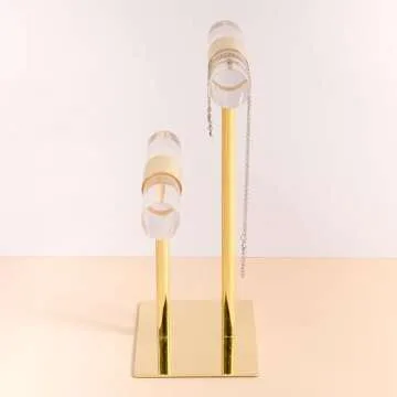 Necklace Holder Bracelet Holder Jewelry Organizer,Shiny Gold & Acrylic Jewelry Display for Vendors, 2-Tier Crystal T Bar Jewelry Stand, Cute Jewelry Holder Organizer, Home Decor (assembly free)
