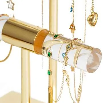 Necklace Holder Bracelet Holder Jewelry Organizer,Shiny Gold & Acrylic Jewelry Display for Vendors, 2-Tier Crystal T Bar Jewelry Stand, Cute Jewelry Holder Organizer, Home Decor (assembly free)