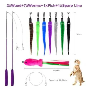 11PCS Cat Wand Toy, Cat Toys Interactive for Indoor Cats, 2 Retractable Cat Wand, 7 Worm Cat Teaser ...