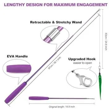 11PCS Cat Wand Toy, Cat Toys Interactive for Indoor Cats, 2 Retractable Cat Wand, 7 Worm Cat Teaser Toys and 1 Plush Fish Cat Toy, Cat Feather Toys for Play Chase Exercise with Kitten, Extra 1 Line