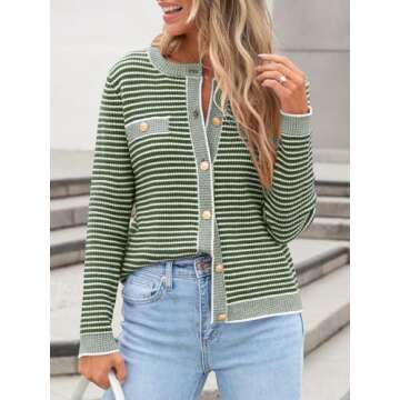 ANRABESS Women's Striped Cardigan Sweaters Casual Long Sleeve Open Front Button Down Knit Cropped Ja...