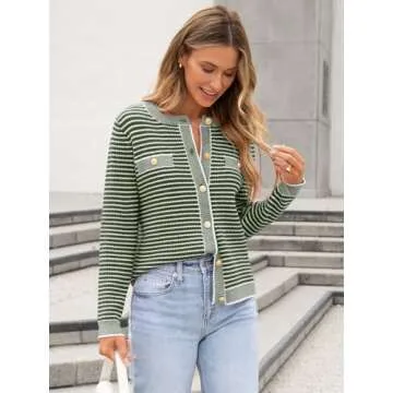 ANRABESS Women's Striped Cardigan Sweaters Casual Long Sleeve Open Front Button Down Knit Cropped Jackets Fall Coat Outerwear Medium