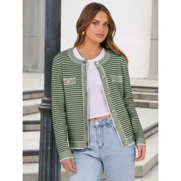 ANRABESS Women's Striped Cardigan Sweaters Casual Long Sleeve Open Front Button Down Knit Cropped Jackets Fall Coat Outerwear Medium