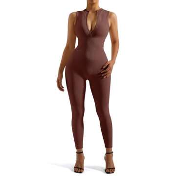 SUUKSESS Women Ribbed Seamless One Piece Jumpsuits Zip Up Sleeveless Sexy Bodycon Romper (Small,Brow...