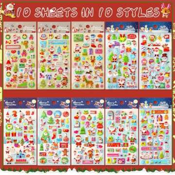 UPINS Christmas Stickers for Kids, 10 Sheets Holiday Stickers 3D Puffy Stickers Cute Snowman Reindeer Tree Santa Foam Stickers Decals for Christmas Party Favors Scrapbooking DIY Crafts