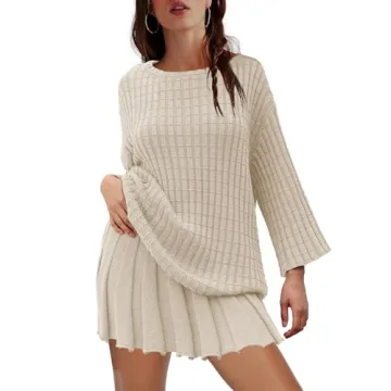 LAMISSCHE Womens Lounge Set Oversized 2 Piece Sweater Skirt Sets Long Sleeve Knit Top Pleated Skirts(Beige,S)