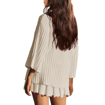 LAMISSCHE Womens Lounge Set Oversized 2 Piece Sweater Skirt Sets Long Sleeve Knit Top Pleated Skirts(Beige,S)