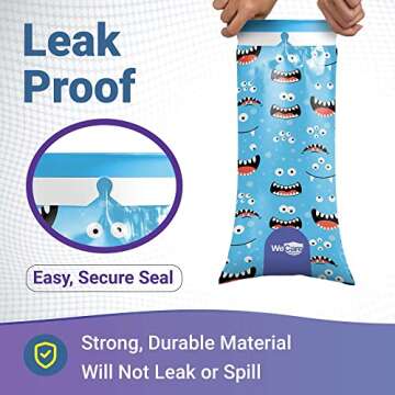 Kids Vomit Bags Disposable 5 Pack - Individually Wrapped Barf Bags with Cute Monster Print - Leak Proof Self Sealing Emesis Bags for Motion Car Sickness and Nausea - Ideal for Taxis, Airplane Travel