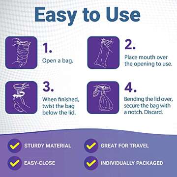 Kids Vomit Bags Disposable 5 Pack - Individually Wrapped Barf Bags with Cute Monster Print - Leak Proof Self Sealing Emesis Bags for Motion Car Sickness and Nausea - Ideal for Taxis, Airplane Travel