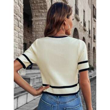 Milumia Women's Striped Button Up Cropped Short Sleeve Knit Tops - Apricot