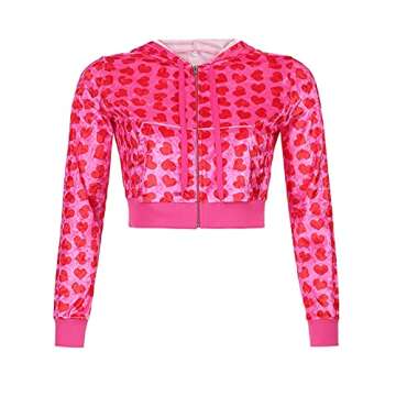 Velvet Heart Print Casual Zip Up Crop Hoodie for Women