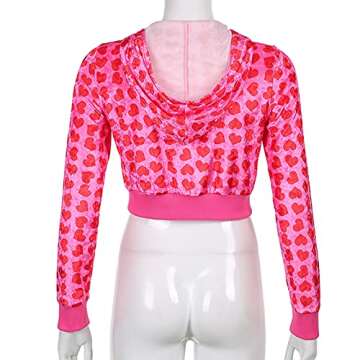 Velvet Heart Print Casual Zip Up Crop Hoodie for Women