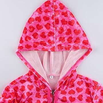 Velvet Heart Print Casual Zip Up Crop Hoodie for Women