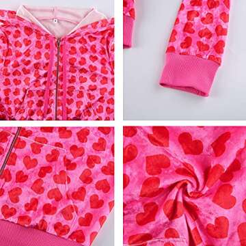 Velvet Heart Print Casual Zip Up Crop Hoodie for Women