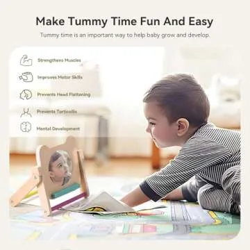 IEATFO Rotating Baby Safe Mirror with 120 Pages Visual Stimulation Cards - Wooden Tummy Time Mirror ...