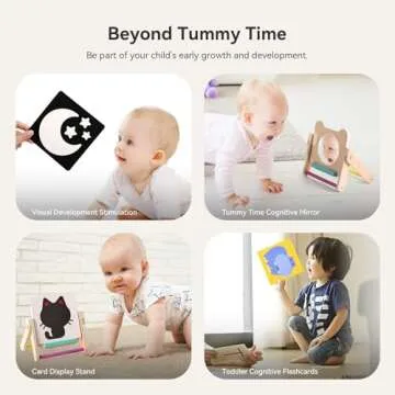 IEATFO Rotating Baby Safe Mirror with 120 Pages Visual Stimulation Cards - Wooden Tummy Time Mirror Toys - Black White Red and Color High Contrast Baby Flashcards for Brain and Cognitive Development