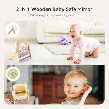 IEATFO Rotating Baby Safe Mirror with 120 Pages Visual Stimulation Cards - Wooden Tummy Time Mirror Toys - Black White Red and Color High Contrast Baby Flashcards for Brain and Cognitive Development