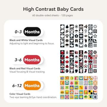 IEATFO Rotating Baby Safe Mirror with 120 Pages Visual Stimulation Cards - Wooden Tummy Time Mirror Toys - Black White Red and Color High Contrast Baby Flashcards for Brain and Cognitive Development