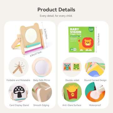 IEATFO Rotating Baby Safe Mirror with 120 Pages Visual Stimulation Cards - Wooden Tummy Time Mirror Toys - Black White Red and Color High Contrast Baby Flashcards for Brain and Cognitive Development