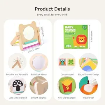 IEATFO Rotating Baby Safe Mirror with 120 Pages Visual Stimulation Cards - Wooden Tummy Time Mirror Toys - Black White Red and Color High Contrast Baby Flashcards for Brain and Cognitive Development