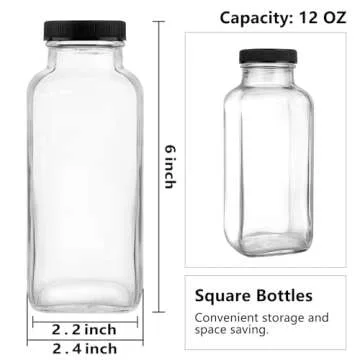 GUANENA 12 Pack Glass Drink Bottles, 12 OZ Vintage Square Water Bottles with Lids, Juice Bottles Bev...