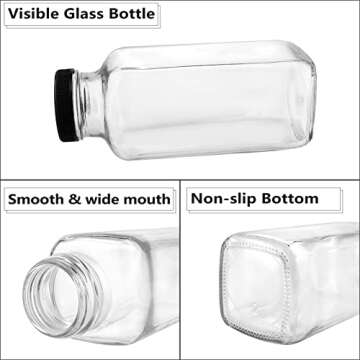 GUANENA 12 Pack Glass Drink Bottles, 12 OZ Vintage Square Water Bottles with Lids, Juice Bottles Beverages Containers for Milk, Kombucha, Smoothies