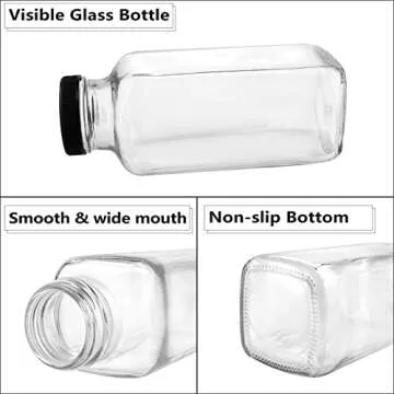 GUANENA 12 Pack Glass Drink Bottles, 12 OZ Vintage Square Water Bottles with Lids, Juice Bottles Beverages Containers for Milk, Kombucha, Smoothies