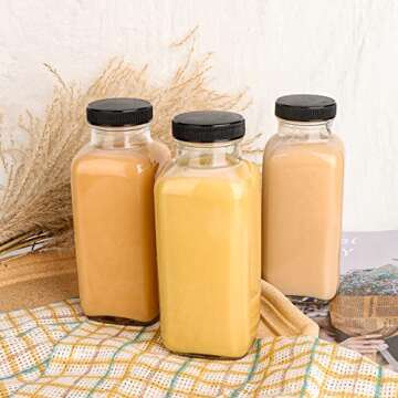 GUANENA 12 Pack Glass Drink Bottles, 12 OZ Vintage Square Water Bottles with Lids, Juice Bottles Beverages Containers for Milk, Kombucha, Smoothies